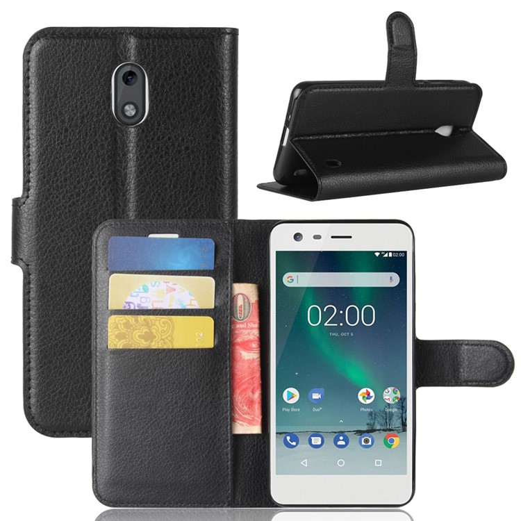 For Nokia 2 Litchi Texture Flip Leather Stand Wallet Case - Black-1