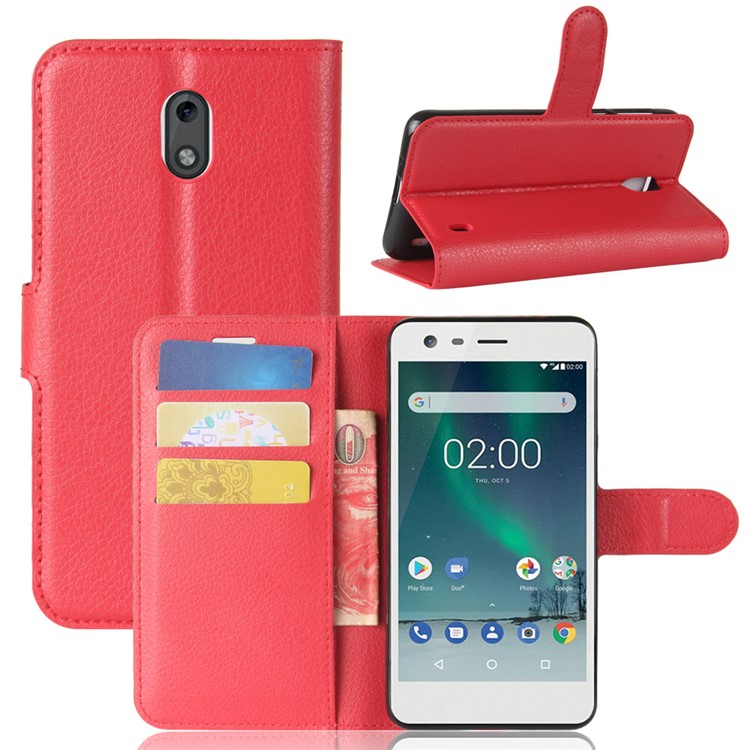 For Nokia 2 Litchi Texture Flip Leather Stand Wallet Shell - Red-1