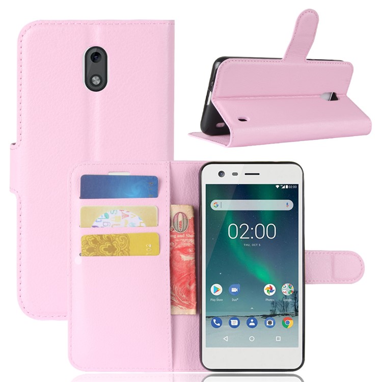 For Nokia 2 Litchi Texture PU Leather Stand Wallet Phone Cover - Pink-1
