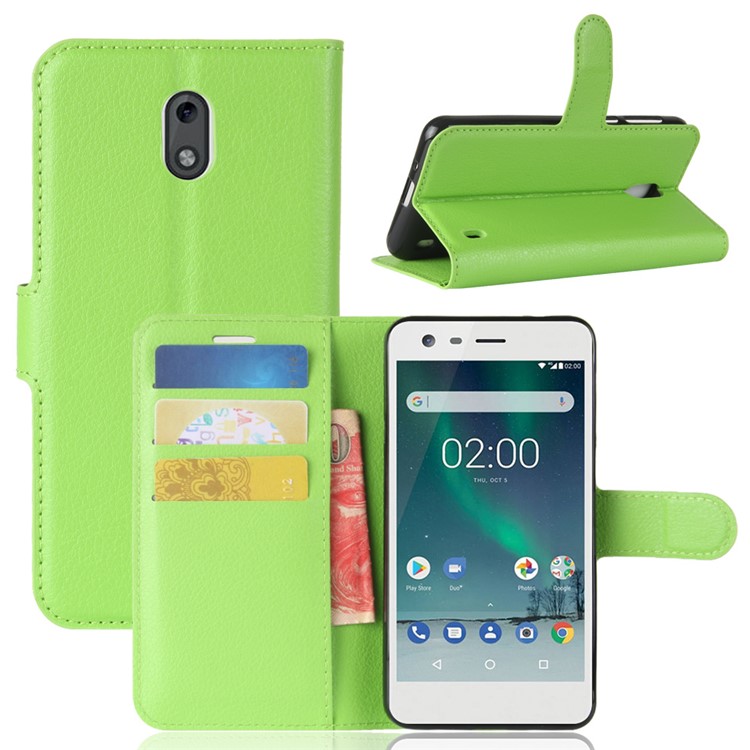 For Nokia 2 Litchi Skin Card Holder Stand Flip Leather Phone Shell - Green-1