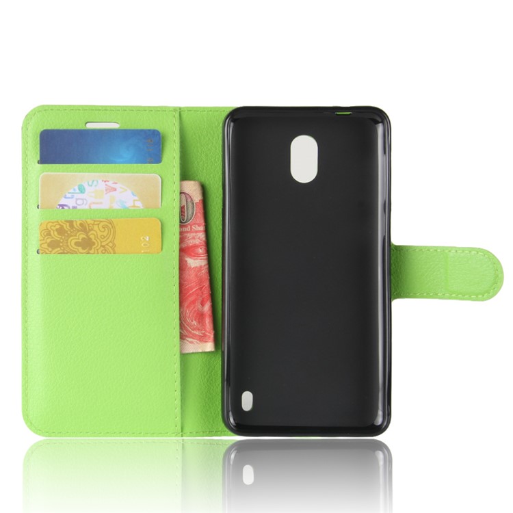 For Nokia 2 Litchi Skin Card Holder Stand Flip Leather Phone Shell - Green-3