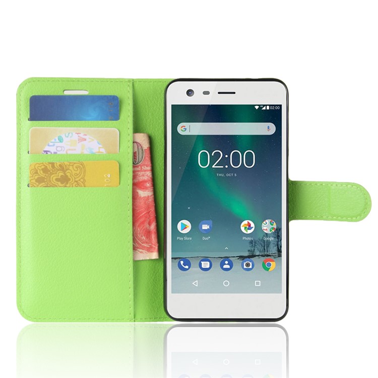 For Nokia 2 Litchi Skin Card Holder Stand Flip Leather Phone Shell - Green-4