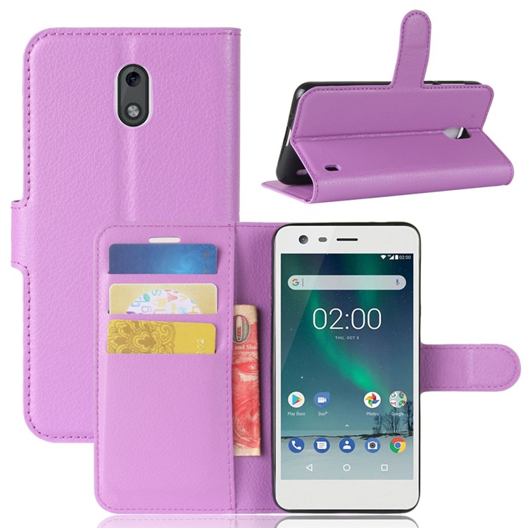For Nokia 2 Litchi Texture Flip Leather Mobile Cover with Stand Wallet - Purple-1