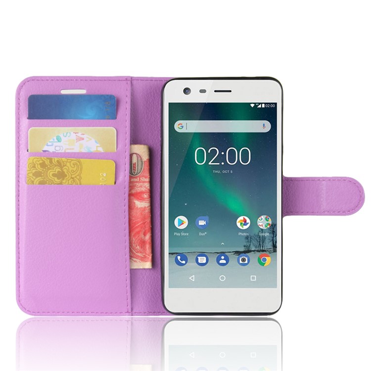 For Nokia 2 Litchi Texture Flip Leather Mobile Cover with Stand Wallet - Purple-4