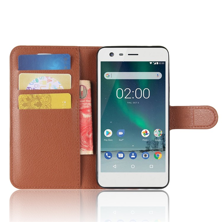 Wallet Stand Litchi Texture PU Leather Mobile Casing for Nokia 2 - Brown-4