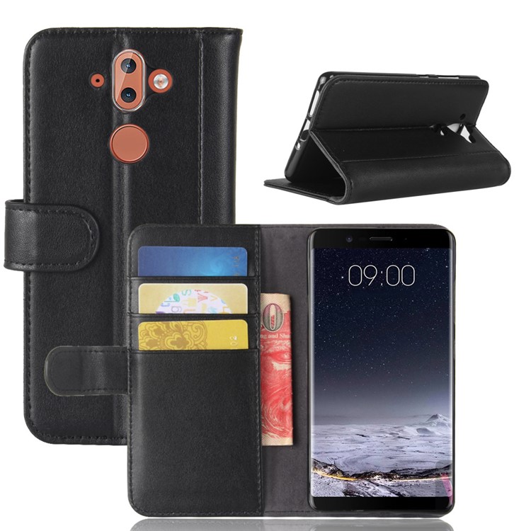 Genuine Split Leather Wallet Flip Stand Phone Case for Nokia 9 - Black-1