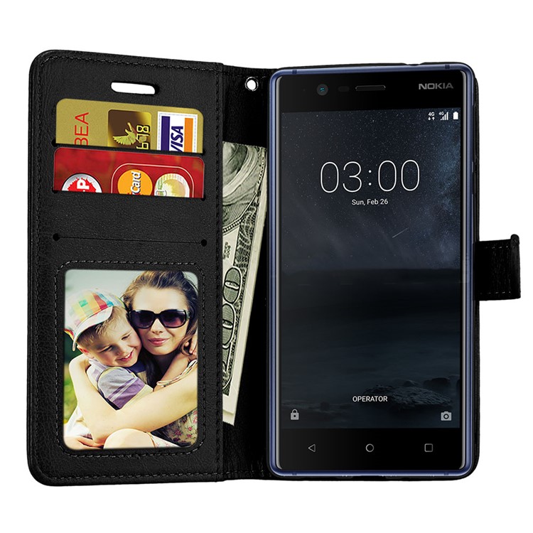 Pure Color Crazy Horse Wallet Stand Protective Leather Case for Nokia 3 - Black-9