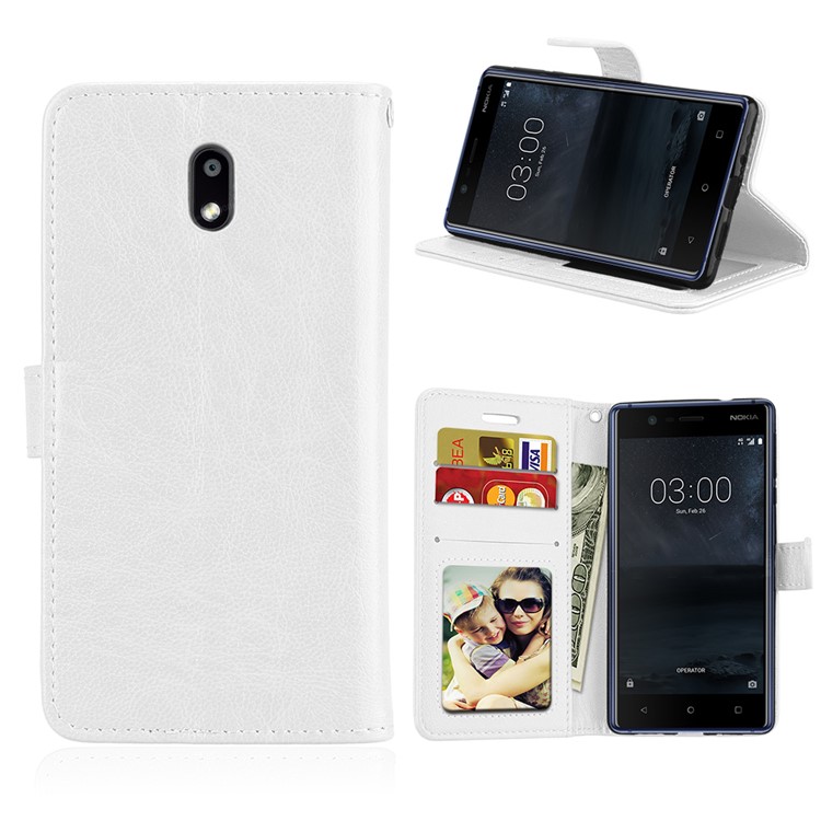 Pure Color Crazy Horse Wallet Stand Protective Leather Cover for Nokia 3 - White-1