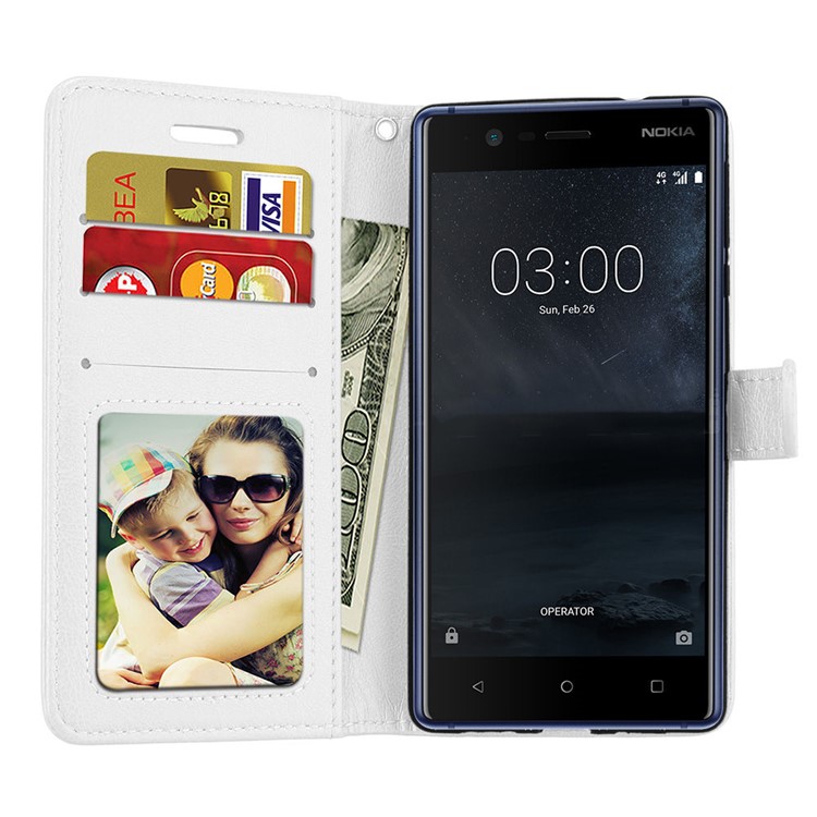 Pure Color Crazy Horse Wallet Stand Protective Leather Cover for Nokia 3 - White-9