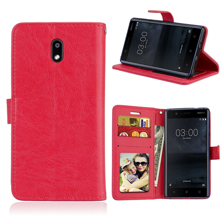 Pure Color Crazy Horse Wallet Stand Protective Leather Shell for Nokia 3 - Red-1