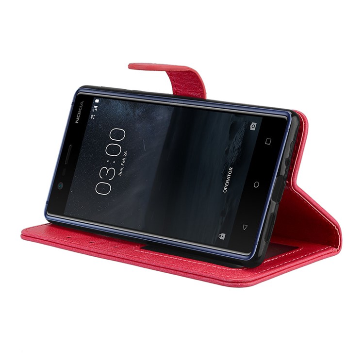 Pure Color Crazy Horse Wallet Stand Protective Leather Shell for Nokia 3 - Red-13