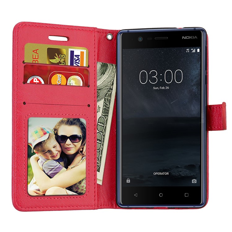 Pure Color Crazy Horse Wallet Stand Protective Leather Shell for Nokia 3 - Red-9