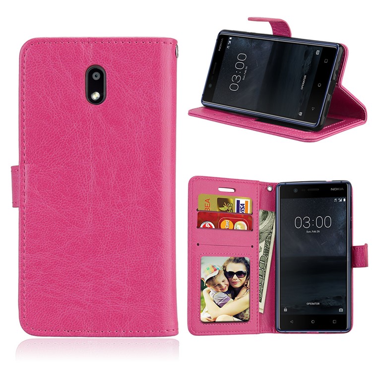 Pure Color Crazy Horse Wallet Stand Protective Leather Mobile Phone Case for Nokia 3 - Rose-1