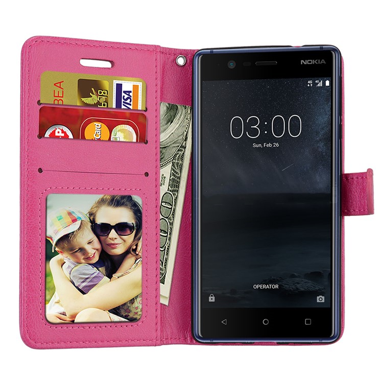 Pure Color Crazy Horse Wallet Stand Protective Leather Mobile Phone Case for Nokia 3 - Rose-9