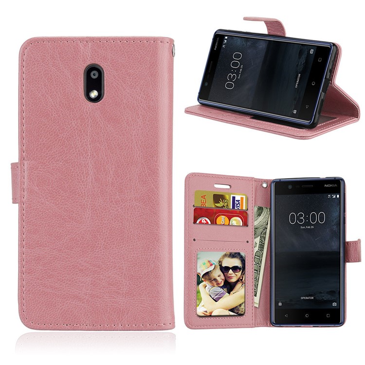 Pure Color Crazy Horse Wallet Stand Protective Leather Cell Phone Case for Nokia 3 - Pink-1