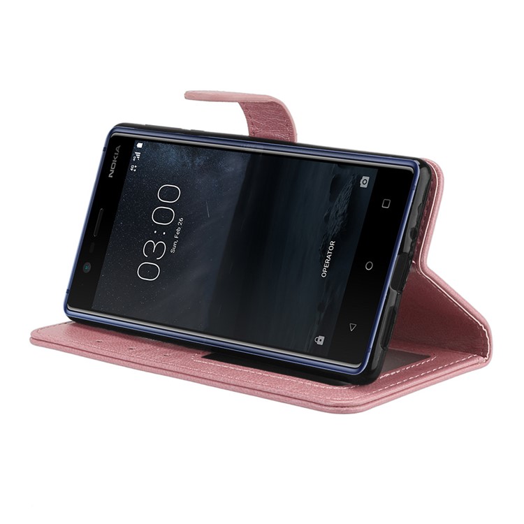 Pure Color Crazy Horse Wallet Stand Protective Leather Cell Phone Case for Nokia 3 - Pink-13