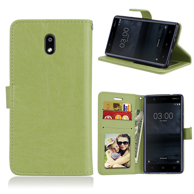 Pure Color Crazy Horse Wallet Stand Protective Leather Mobile Phone Shell for Nokia 3 - Green-1