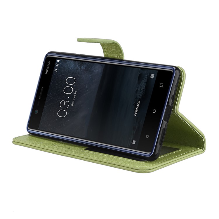 Pure Color Crazy Horse Wallet Stand Protective Leather Mobile Phone Shell for Nokia 3 - Green-13