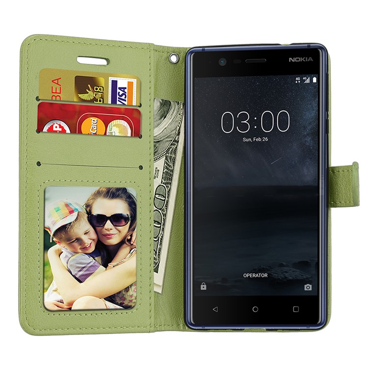 Pure Color Crazy Horse Wallet Stand Protective Leather Mobile Phone Shell for Nokia 3 - Green-9