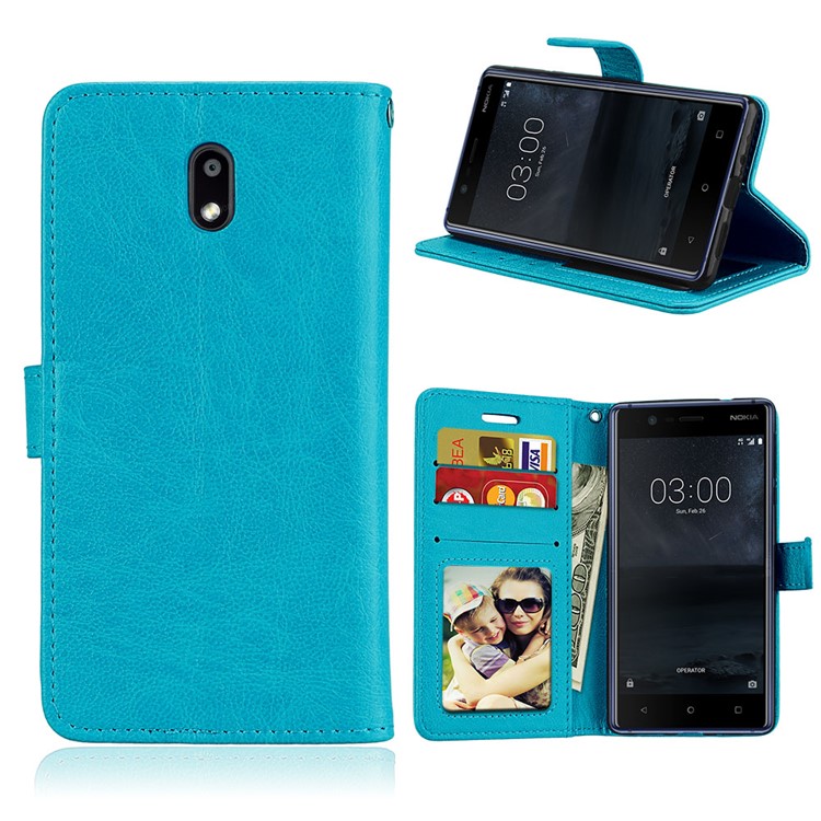 Pure Color Crazy Horse Wallet Stand Protective Leather Cell Phone Shell for Nokia 3 - Blue-1
