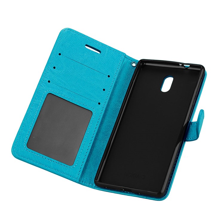 Pure Color Crazy Horse Wallet Stand Protective Leather Cell Phone Shell for Nokia 3 - Blue-10