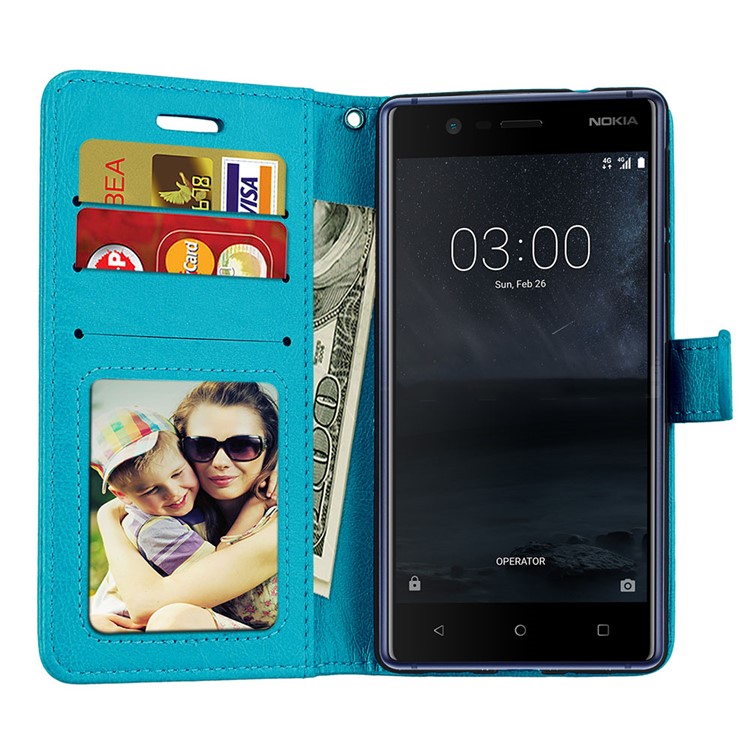 Pure Color Crazy Horse Wallet Stand Protective Leather Cell Phone Shell for Nokia 3 - Blue-9