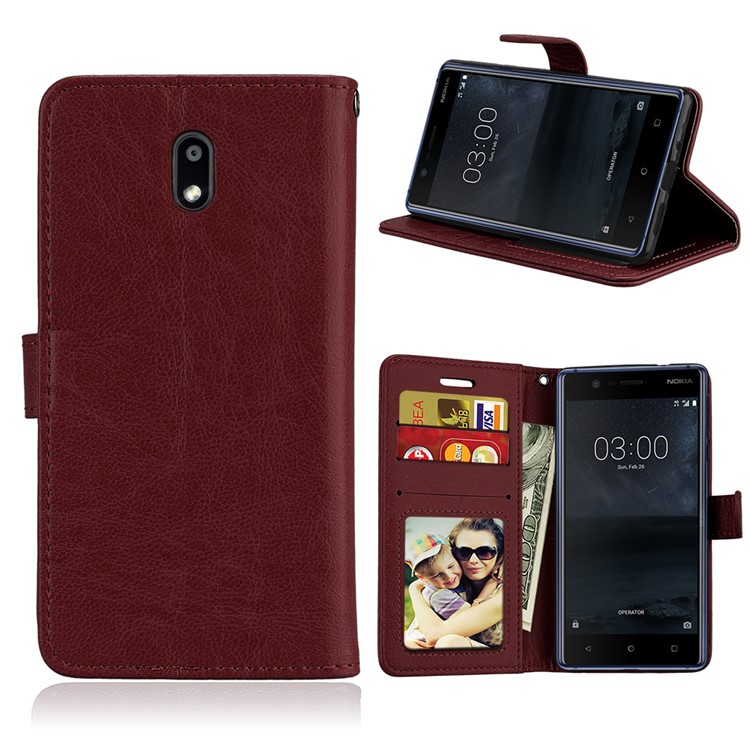 Pure Color Crazy Horse Wallet Stand Leather Protective Case for Nokia 3 - Brown-1