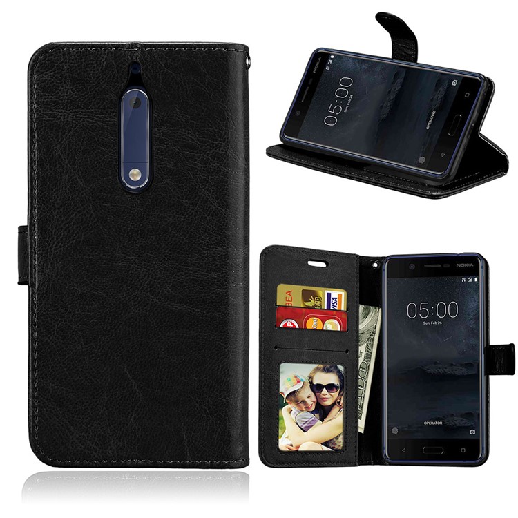 Pure Color Crazy Horse Wallet Stand Protective Leather Case for Nokia 5 - Black-1
