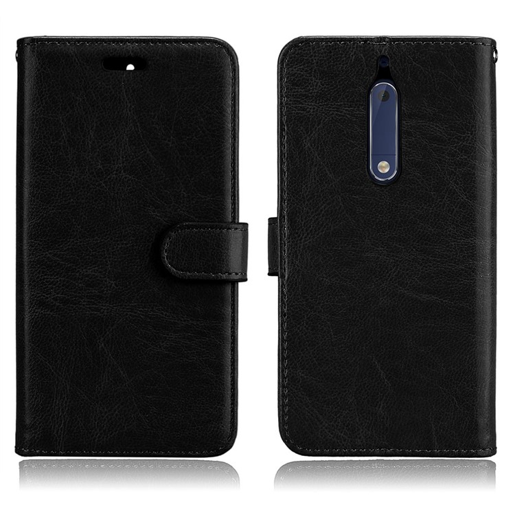 Pure Color Crazy Horse Wallet Stand Protective Leather Case for Nokia 5 - Black-2