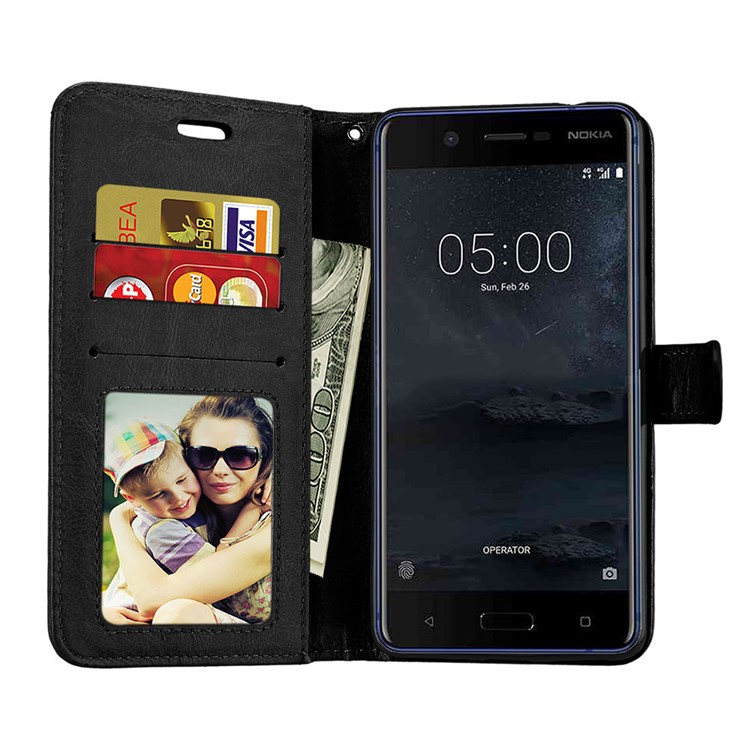 Pure Color Crazy Horse Wallet Stand Protective Leather Case for Nokia 5 - Black-9