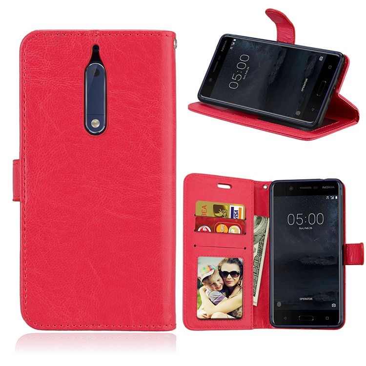 Pure Color Crazy Horse Wallet Stand Protective Leather Shell for Nokia 5 - Red-1