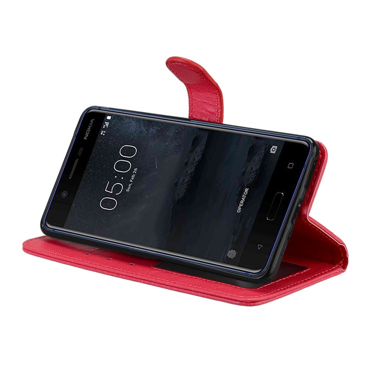 Pure Color Crazy Horse Wallet Stand Protective Leather Shell for Nokia 5 - Red-13