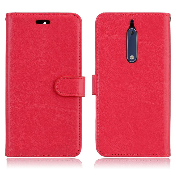 Pure Color Crazy Horse Wallet Stand Protective Leather Shell for Nokia 5 - Red-2