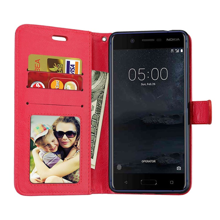 Pure Color Crazy Horse Wallet Stand Protective Leather Shell for Nokia 5 - Red-9