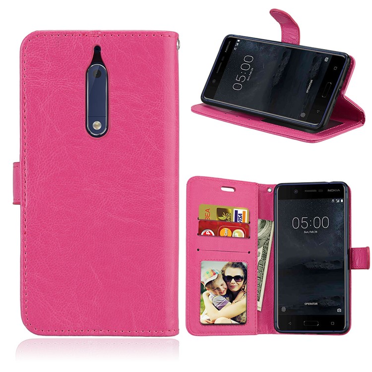 Pure Color Crazy Horse Wallet Stand Protective Leather Casing for Nokia 5 - Rose-1
