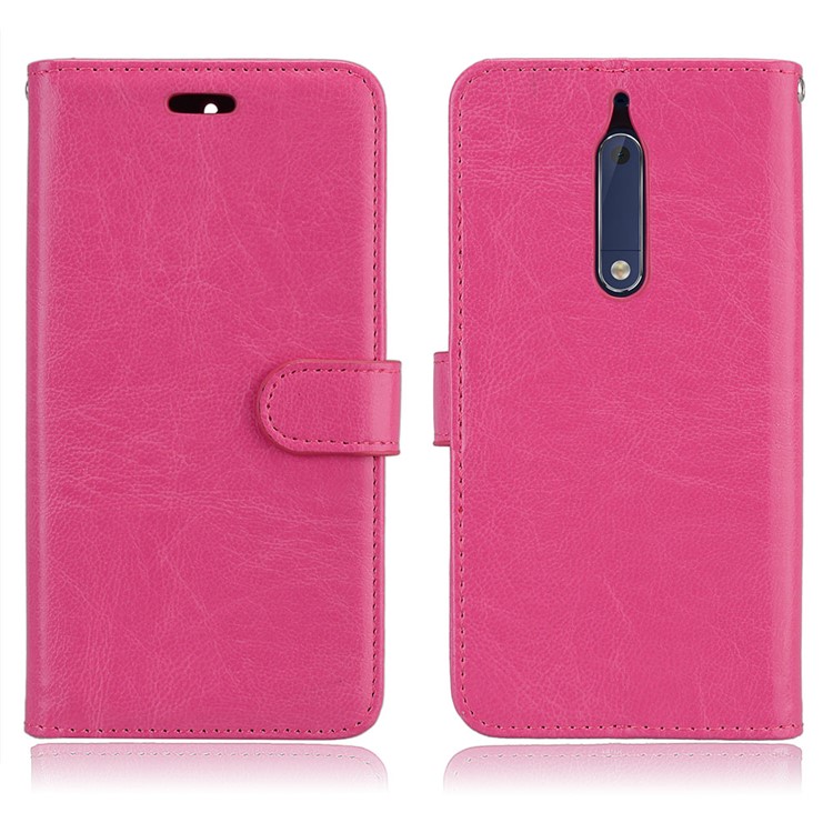 Pure Color Crazy Horse Wallet Stand Protective Leather Casing for Nokia 5 - Rose-2