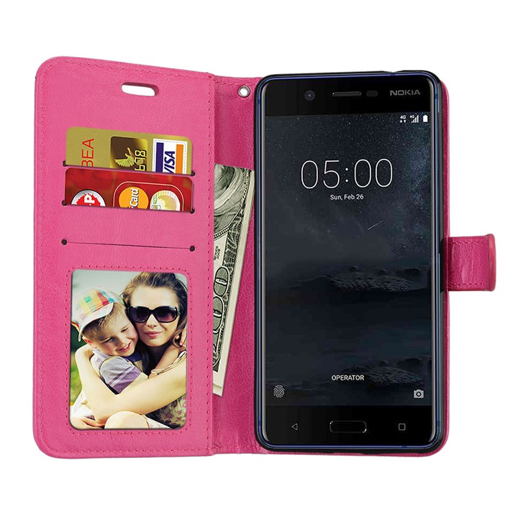 Pure Color Crazy Horse Wallet Stand Protective Leather Casing for Nokia 5 - Rose-9