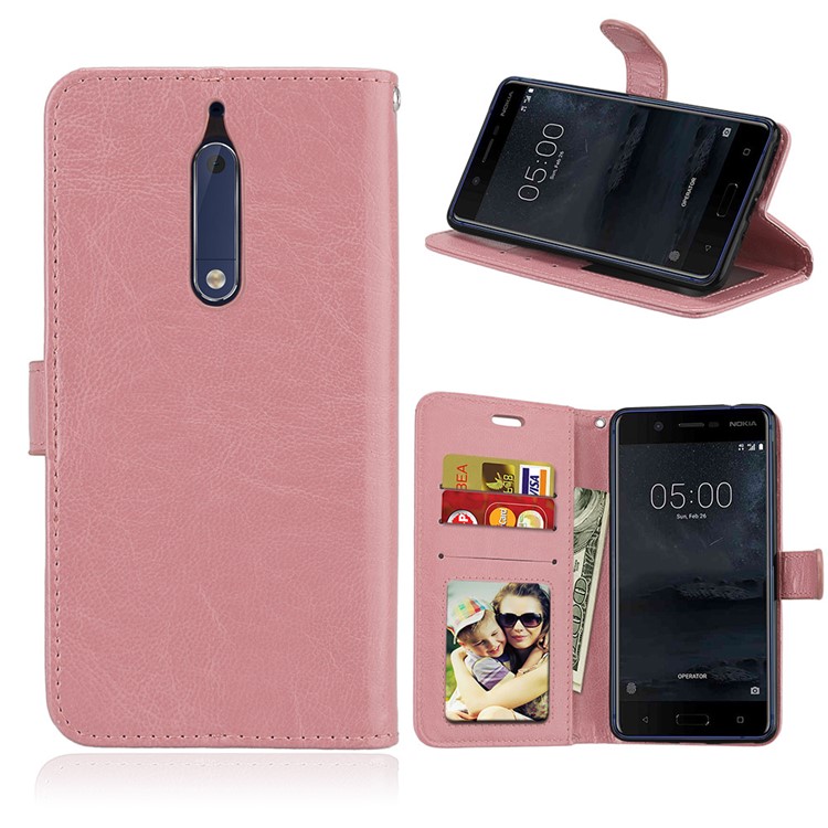 Pure Color Crazy Horse Wallet Stand Protective Leather Mobile Phone Case for Nokia 5 - Pink-1