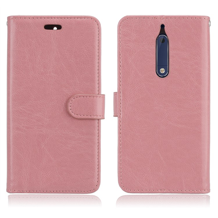 Pure Color Crazy Horse Wallet Stand Protective Leather Mobile Phone Case for Nokia 5 - Pink-2