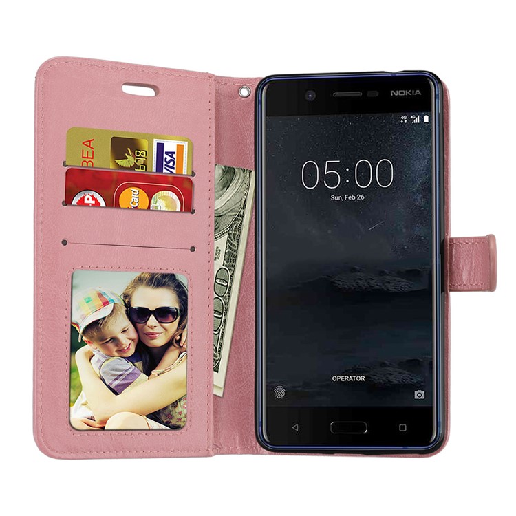 Pure Color Crazy Horse Wallet Stand Protective Leather Mobile Phone Case for Nokia 5 - Pink-9