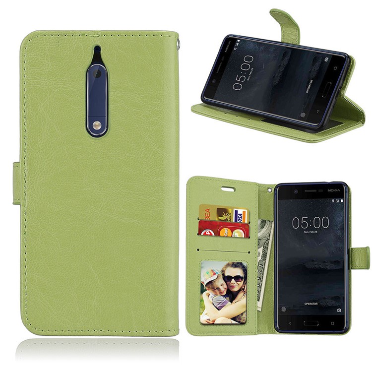 Pure Color Crazy Horse Wallet Stand Protective Leather Cell Phone Case for Nokia 5 - Green-1