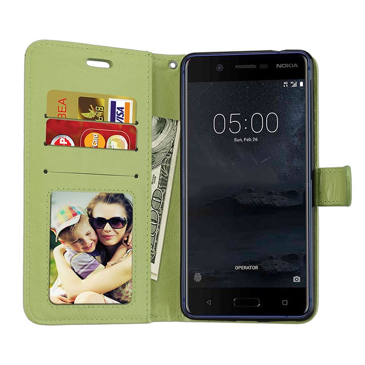 Pure Color Crazy Horse Wallet Stand Protective Leather Cell Phone Case for Nokia 5 - Green-9