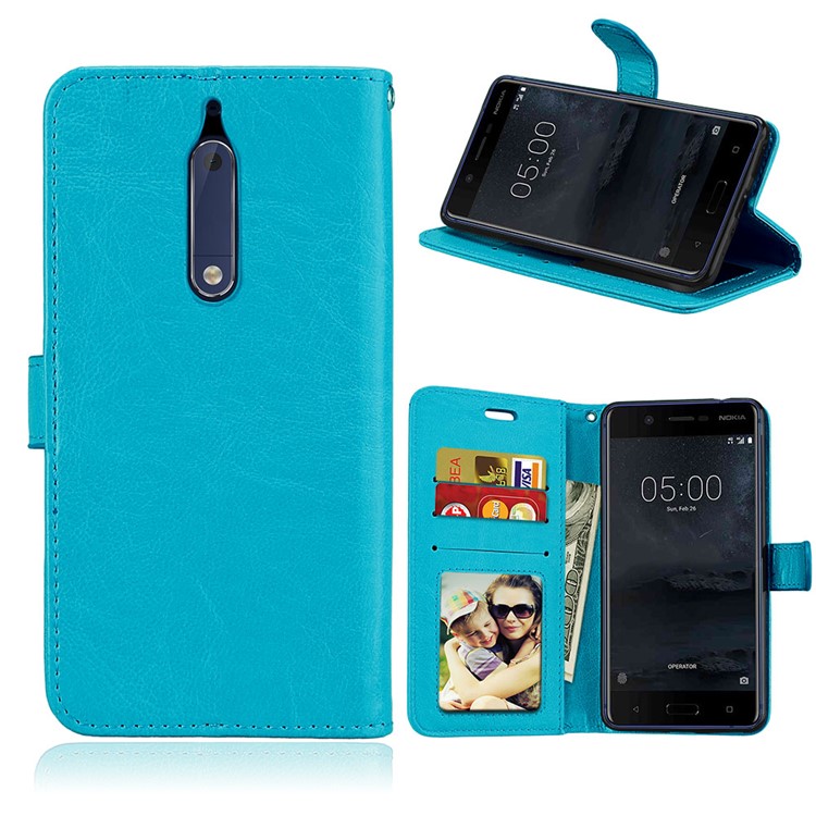 Pure Color Crazy Horse Wallet Stand Protective Leather Mobile Phone Cover for Nokia 5 - Blue-1