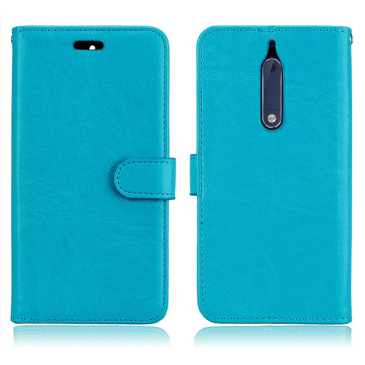 Pure Color Crazy Horse Wallet Stand Protective Leather Mobile Phone Cover for Nokia 5 - Blue-2