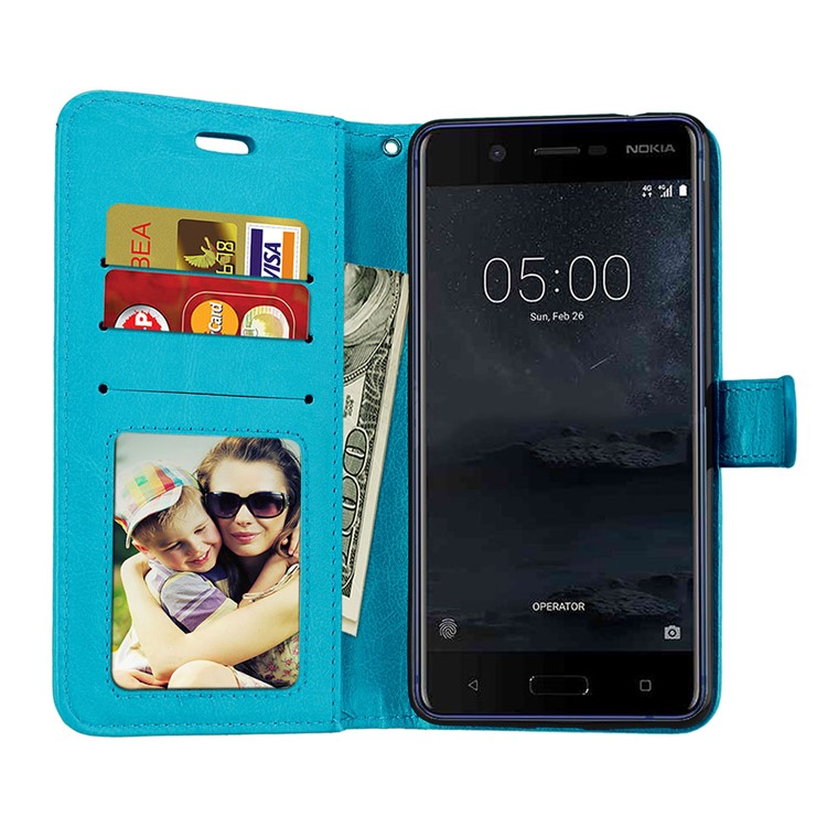 Pure Color Crazy Horse Wallet Stand Protective Leather Mobile Phone Cover for Nokia 5 - Blue-9