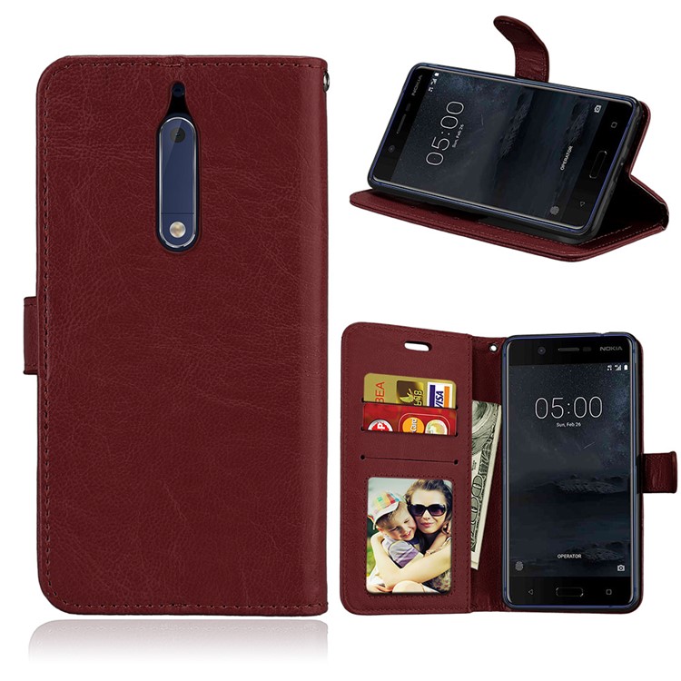 Pure Color Crazy Horse Wallet Stand Protective Leather Cell Phone Cover for Nokia 5 - Brown-1