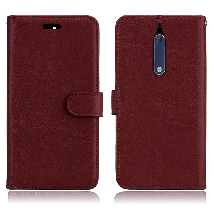 Pure Color Crazy Horse Wallet Stand Protective Leather Cell Phone Cover for Nokia 5 - Brown-2