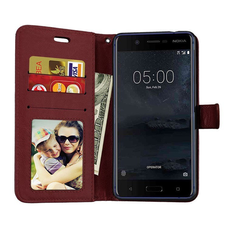 Pure Color Crazy Horse Wallet Stand Protective Leather Cell Phone Cover for Nokia 5 - Brown-9
