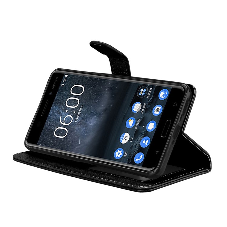 Pure Color Crazy Horse Wallet Stand Protective Leather Case for Nokia 6 - Black-13