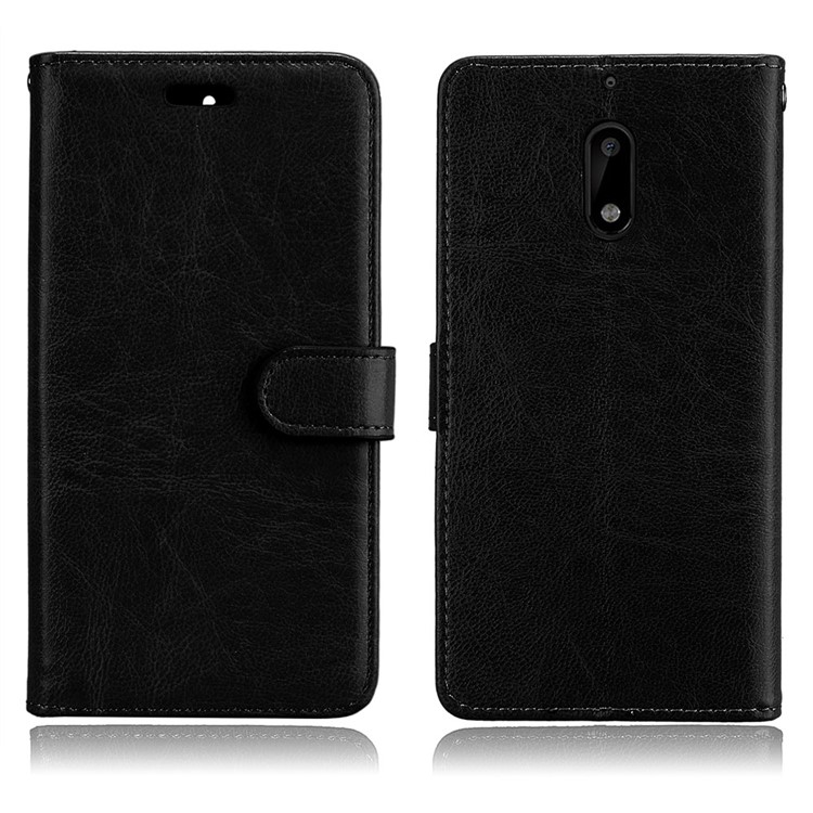 Pure Color Crazy Horse Wallet Stand Protective Leather Case for Nokia 6 - Black-2
